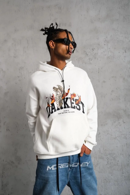 Men's Oversize Hooded Sweatshirt - White Three-Thread Cotton Lined Kangaroo Pocket Printed Hoodie Comfortable Fit Suitable for Winter Casual Outfits - White
