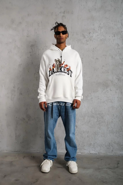 Men's Oversize Hooded Sweatshirt - White Three-Thread Cotton Lined Kangaroo Pocket Printed Hoodie Comfortable Fit Suitable for Winter Casual Outfits - White