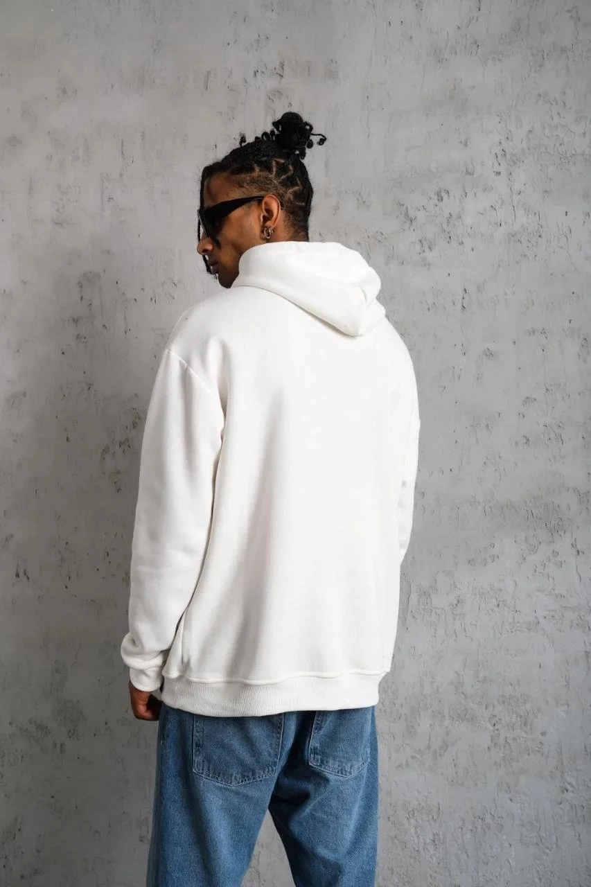 Men's Oversize Hooded Sweatshirt - White Three-Thread Cotton Lined Kangaroo Pocket Printed Hoodie Comfortable Fit Suitable for Winter Casual Outfits - White