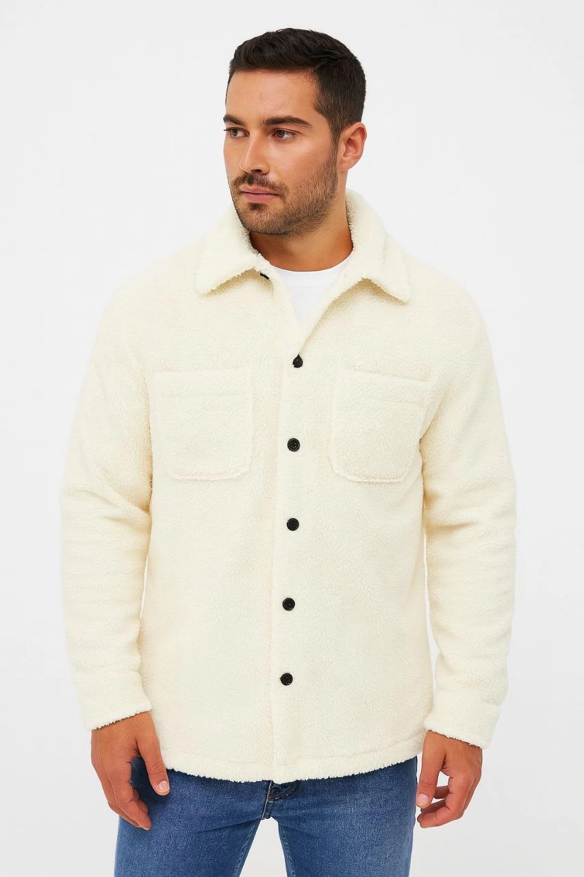 Men's Plush Fleece Cardigan Shirt - Collared, Button-Down, Chest Pocket, Soft-Touch Winter Regular Fit Casual Model - White
