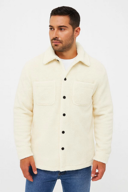 Men's Plush Fleece Cardigan Shirt - Collared, Button-Down, Chest Pocket, Soft-Touch Winter Regular Fit Casual Model - White