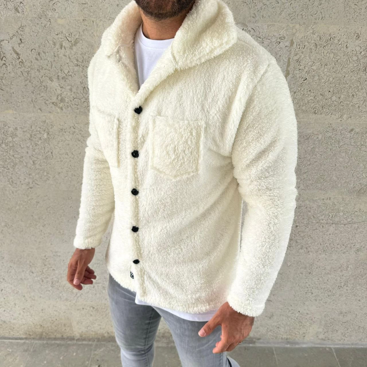 Men's Plush Fleece Cardigan Shirt - Collared, Button-Down, Chest Pocket, Soft-Touch Winter Regular Fit Casual Model - White