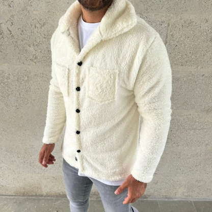 Men's Plush Fleece Cardigan Shirt - Collared, Button-Down, Chest Pocket, Soft-Touch Winter Regular Fit Casual Model - White