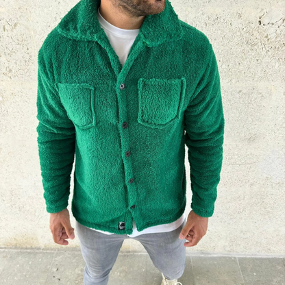 Men's Plush Fleece Cardigan Shirt - Collared, Button-Down, Chest Pocket, Soft-Touch Winter Regular Fit Casual Model - Grass Green