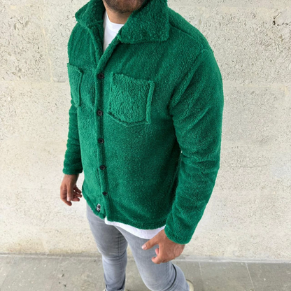 Men's Plush Fleece Cardigan Shirt - Collared, Button-Down, Chest Pocket, Soft-Touch Winter Regular Fit Casual Model - Grass Green