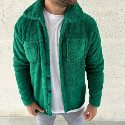 Men's Plush Fleece Cardigan Shirt - Collared, Button-Down, Chest Pocket, Soft-Touch Winter Regular Fit Casual Model - Grass Green