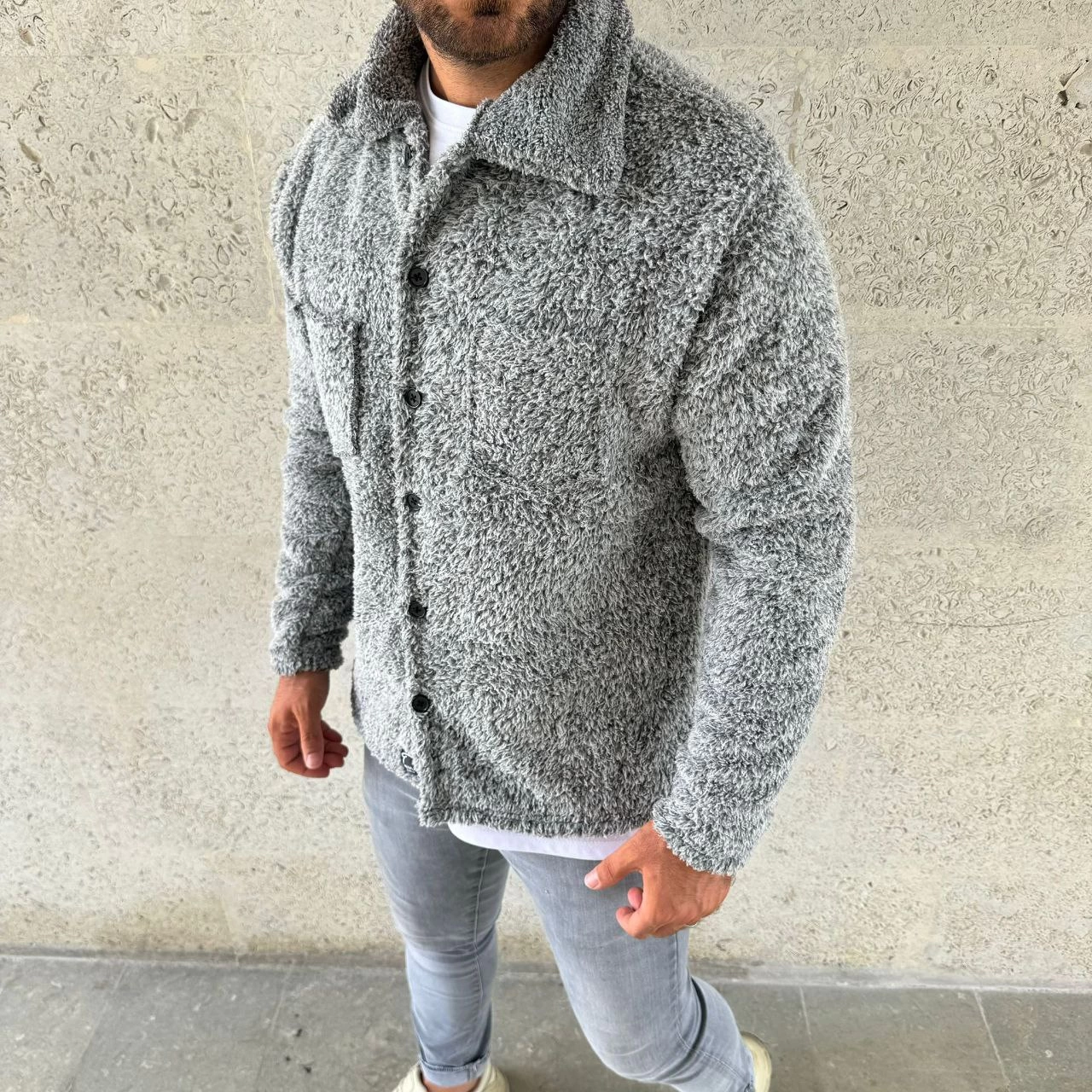 Erkek Pelüş Polar Hırka Gömlek - Yakalı, İlik Düğmeli, Göğüs Cepli, Yumuşak Dokulu Kışlık Regular Fit Rahat Günlük Model - Gri