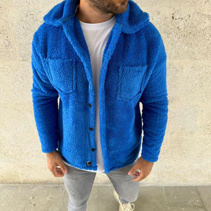 Erkek Pelüş Polar Hırka Gömlek - Yakalı, İlik Düğmeli, Göğüs Cepli, Yumuşak Dokulu Kışlık Regular Fit Rahat Günlük Model - Saks Mavisi