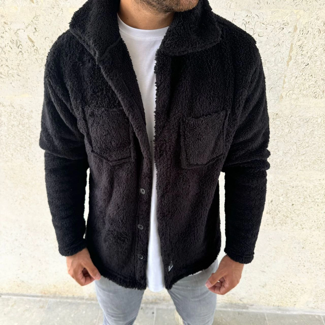 Erkek Pelüş Polar Hırka Gömlek - Yakalı, İlik Düğmeli, Göğüs Cepli, Yumuşak Dokulu Kışlık Regular Fit Rahat Günlük Model - Siyah