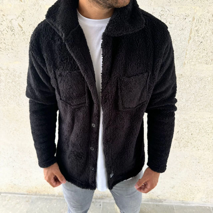Erkek Pelüş Polar Hırka Gömlek - Yakalı, İlik Düğmeli, Göğüs Cepli, Yumuşak Dokulu Kışlık Regular Fit Rahat Günlük Model - Siyah
