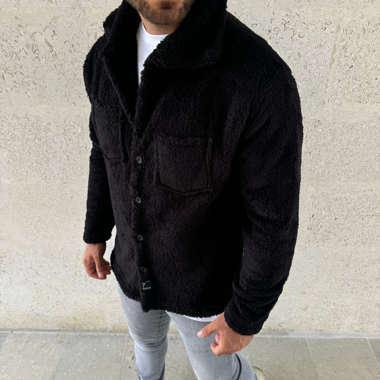 Erkek Pelüş Polar Hırka Gömlek - Yakalı, İlik Düğmeli, Göğüs Cepli, Yumuşak Dokulu Kışlık Regular Fit Rahat Günlük Model - Siyah