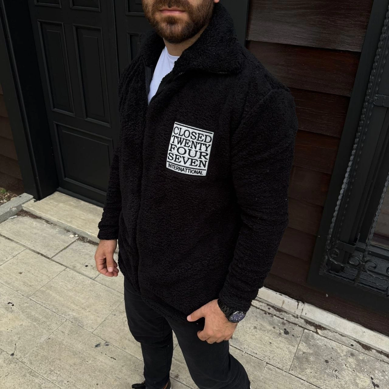 Men's Fleece Zip-Up Sweatshirt - Hoodless, Pockets, Soft Touch, Oversize Relaxed Fit, Warm Winter Zip-Up Top - Black