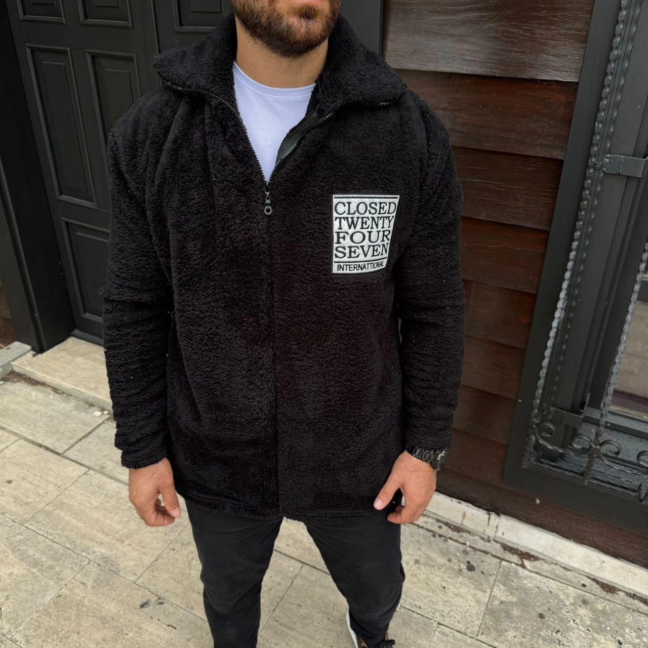 Men's Fleece Zip-Up Sweatshirt - Hoodless, Pockets, Soft Touch, Oversize Relaxed Fit, Warm Winter Zip-Up Top - Black