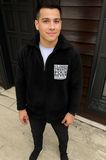 Men's Fleece Zip-Up Sweatshirt - Hoodless, Pockets, Soft Touch, Oversize Relaxed Fit, Warm Winter Zip-Up Top - Black