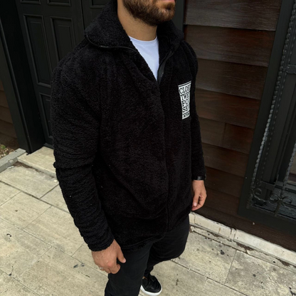 Men's Fleece Zip-Up Sweatshirt - Hoodless, Pockets, Soft Touch, Oversize Relaxed Fit, Warm Winter Zip-Up Top - Black