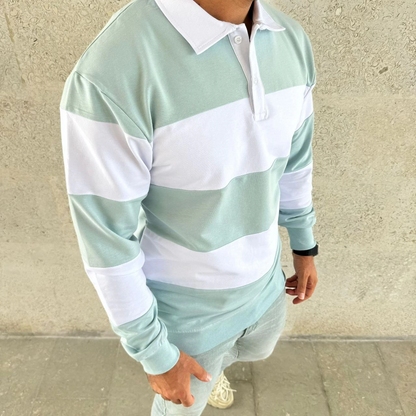 Men's Polo Neck Long Sleeve Striped Sweatshirt Trendy Rugby Style - Celadon Green