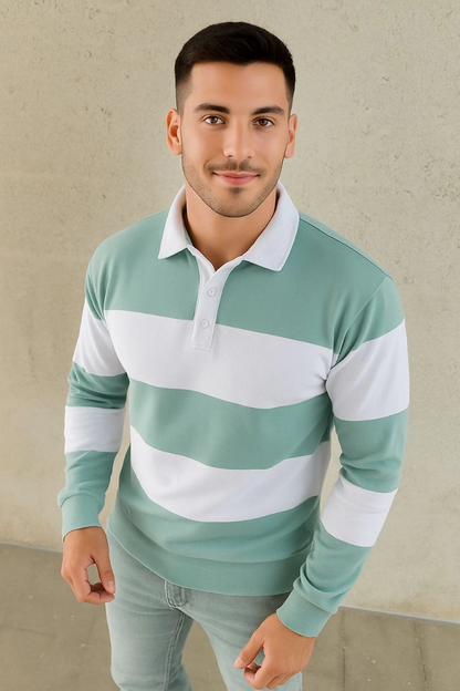 Men's Polo Neck Long Sleeve Striped Sweatshirt Trendy Rugby Style - Celadon Green