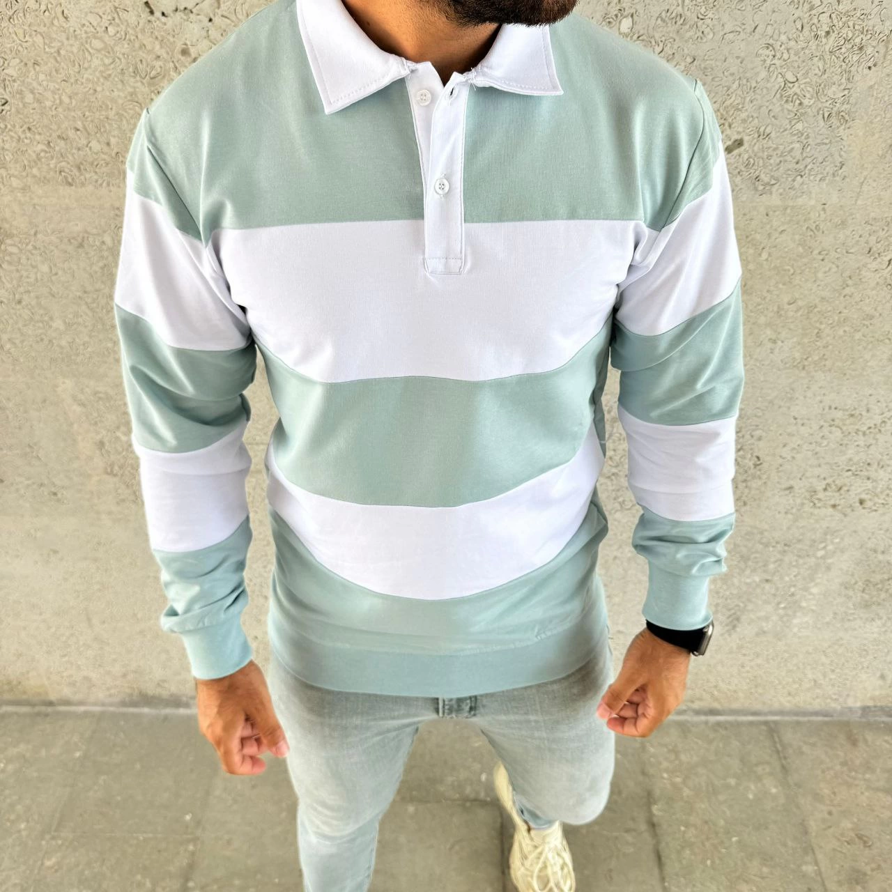 Men's Polo Neck Long Sleeve Striped Sweatshirt Trendy Rugby Style - Celadon Green
