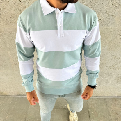 Men's Polo Neck Long Sleeve Striped Sweatshirt Trendy Rugby Style - Celadon Green