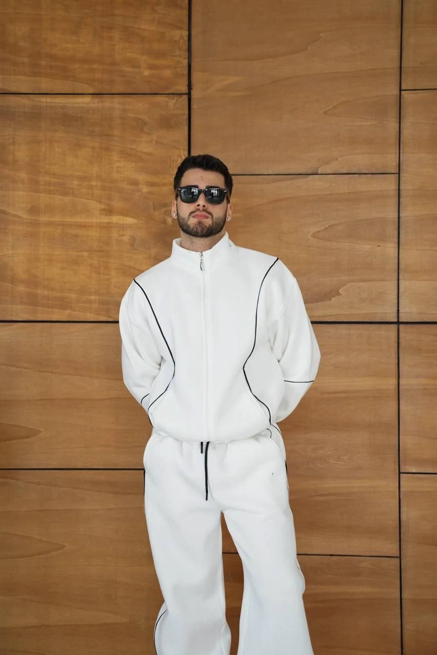 Erkek Premium Parçalı Eşofman Takım - Dik Yaka Fermuarlı Biyeli Sweatshirt Lastik Paça Alt, Oversize 3 iplik Şardonlu - Beyaz