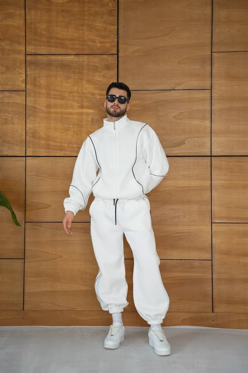 Erkek Premium Parçalı Eşofman Takım - Dik Yaka Fermuarlı Biyeli Sweatshirt Lastik Paça Alt, Oversize 3 iplik Şardonlu - Beyaz