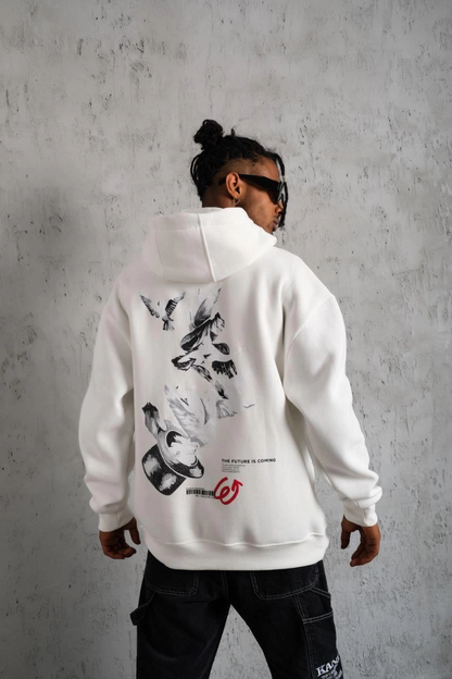 Men's Pigeon Print Hooded Sweatshirt - White