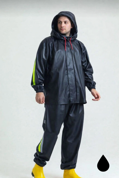 Men's Hooded Waterproof Raincoat Set with Reflective Motorcyclist Outfit, Water and Wind Resistant Motorcyclist Courier Suit, TÜBİTAK Approved - Black