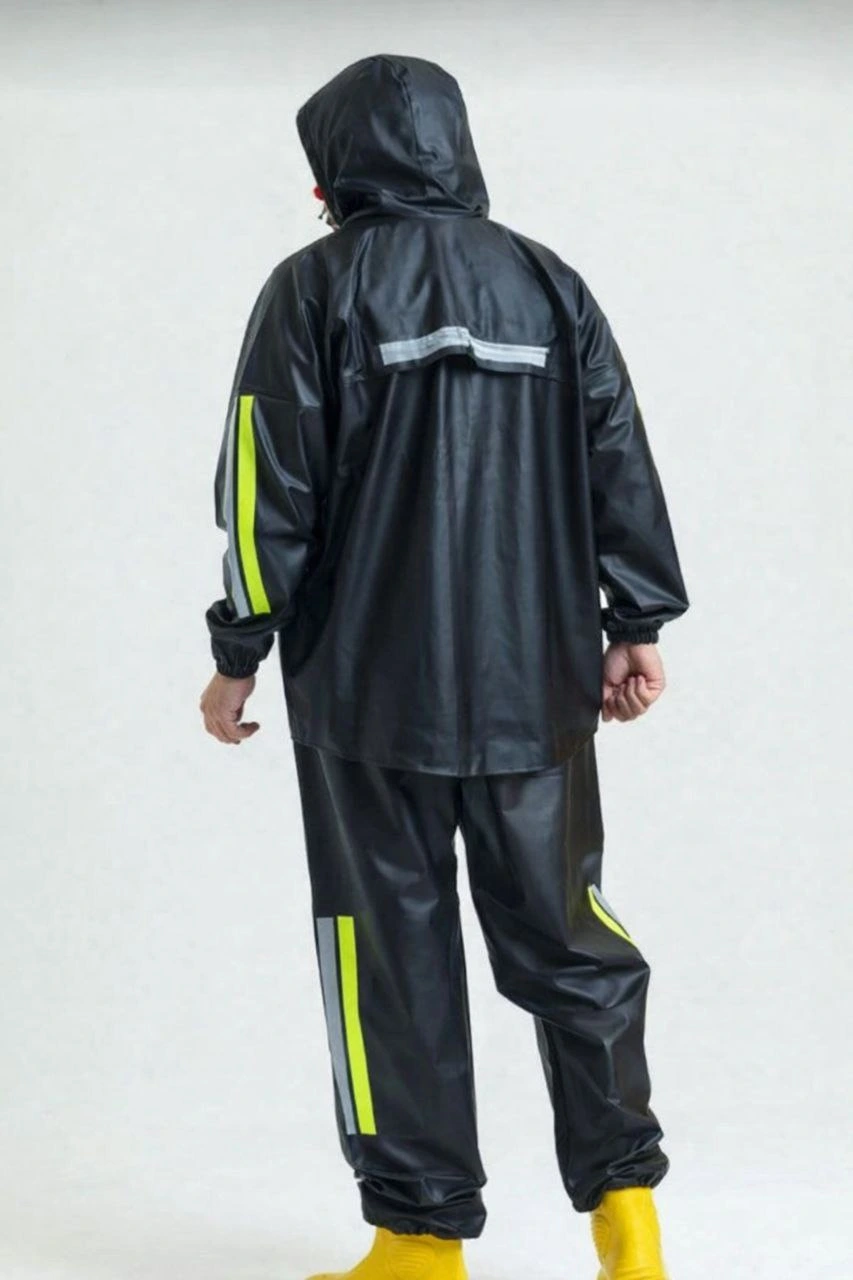 Men's Hooded Waterproof Raincoat Set with Reflective Motorcyclist Outfit, Water and Wind Resistant Motorcyclist Courier Suit, TÜBİTAK Approved - Black