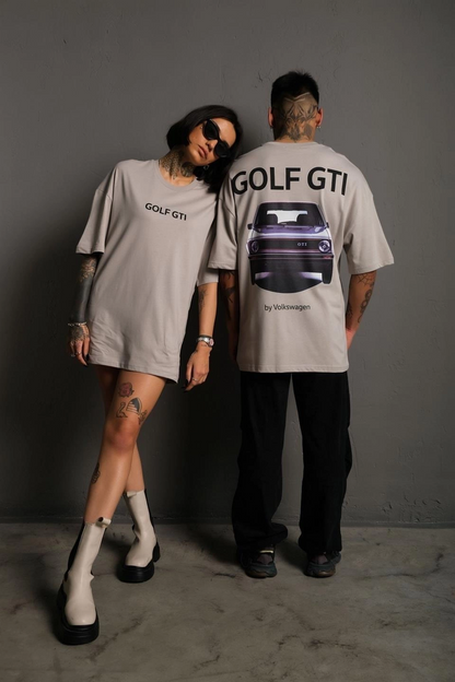 Erkek Oversize Baskılı Tişört - Golf GTI Retro Araba Desenli, Ön & Arka Dijital Baskı, Sokak Modası Stil - Gri