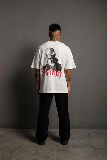 Erkek Oversize Tişört - Beyaz 24/1 Penye Kumaş, Bisiklet Yaka, Ön & Arka Baskılı, Streetwear Tarzı Rahat Büyük Kalıp T-Shirt- Beyaz