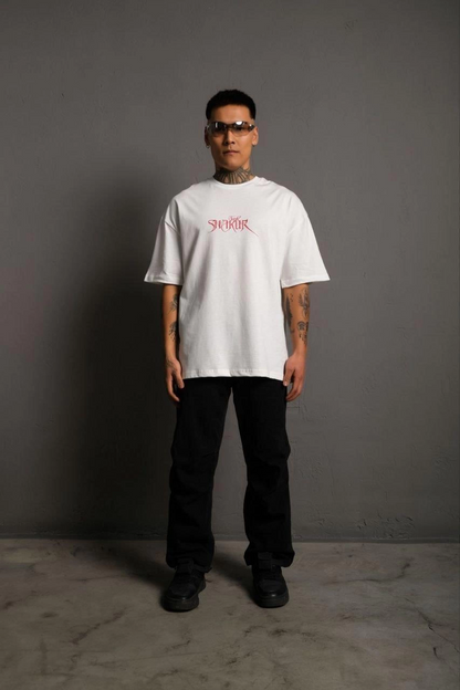 Erkek Oversize Tişört - Beyaz 24/1 Penye Kumaş, Bisiklet Yaka, Ön & Arka Baskılı, Streetwear Tarzı Rahat Büyük Kalıp T-Shirt- Beyaz