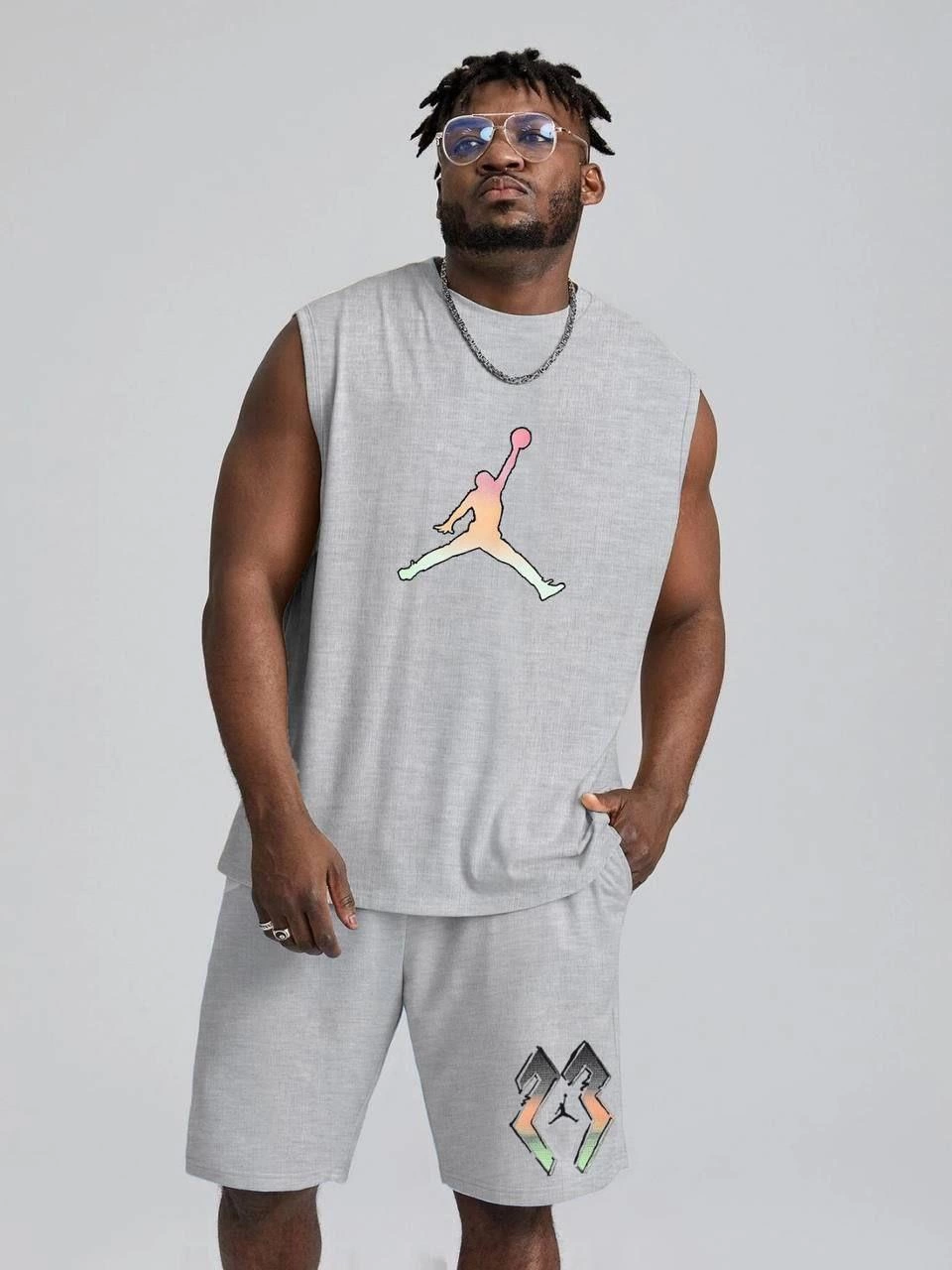Men's Back Print Sleeveless Two-Piece Shorts Set - Grey