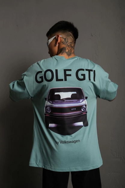 Erkek Oversize Baskılı Tişört - Golf GTI Retro Araba Desenli, Ön & Arka Dijital Baskı, Sokak Modası Stil - Mint Yeşili