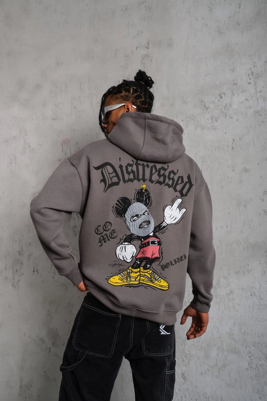 Men's Three-Thread Printed Hooded Sweatshirt - Gray