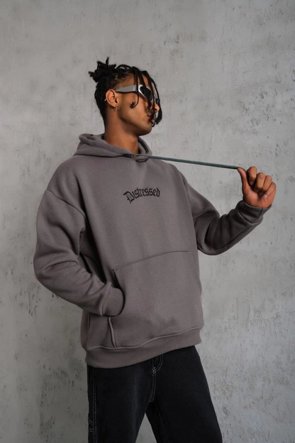 Men's Three-Thread Printed Hooded Sweatshirt - Gray