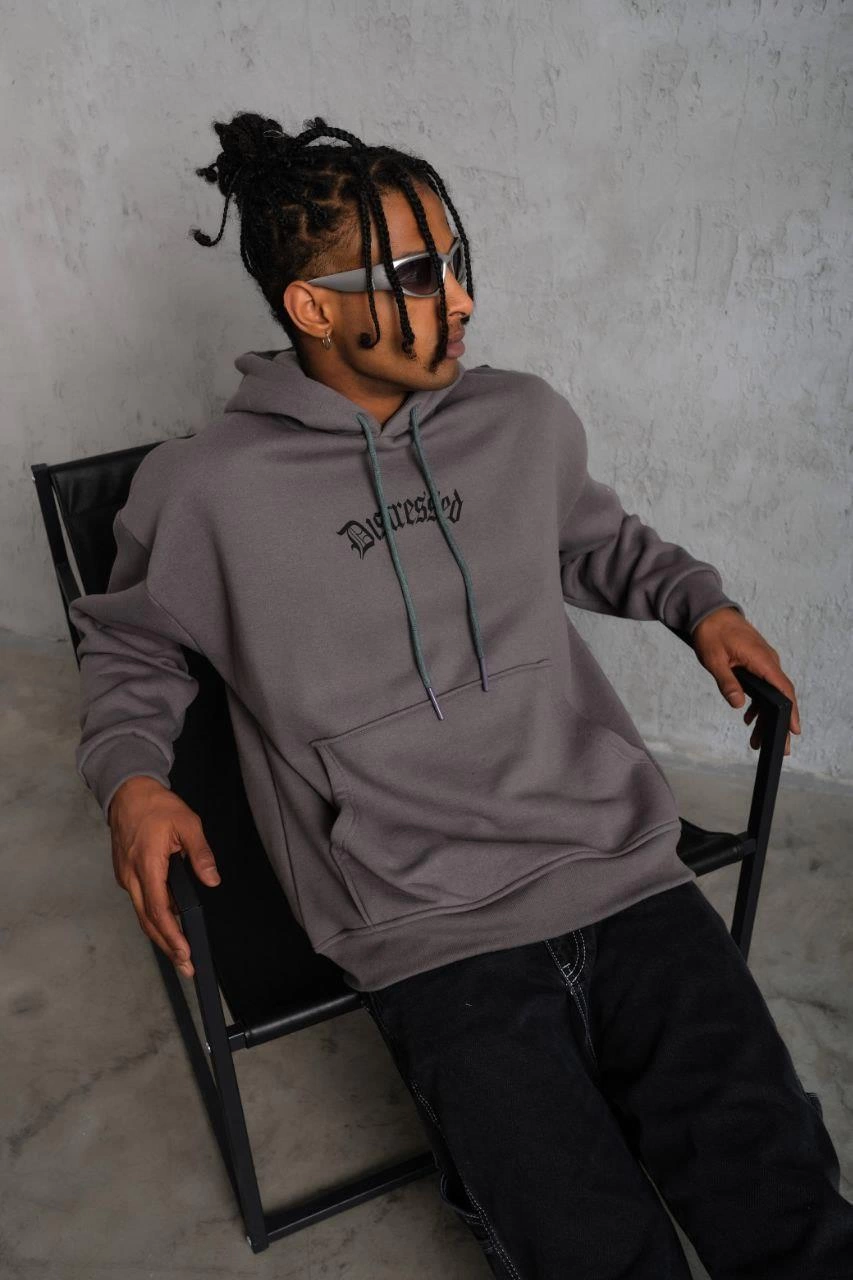 Men's Three-Thread Printed Hooded Sweatshirt - Gray