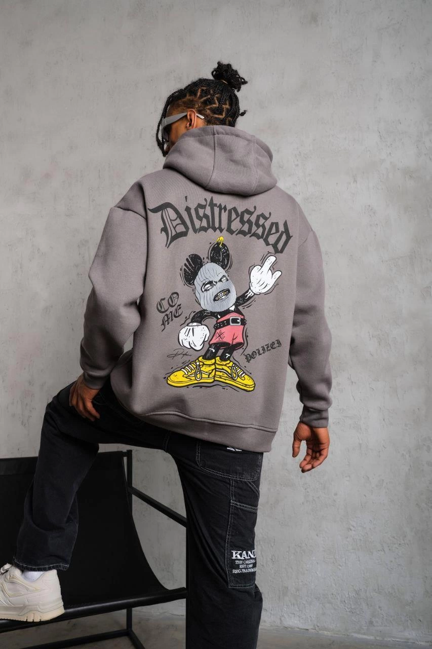 Men's Three-Thread Printed Hooded Sweatshirt - Gray