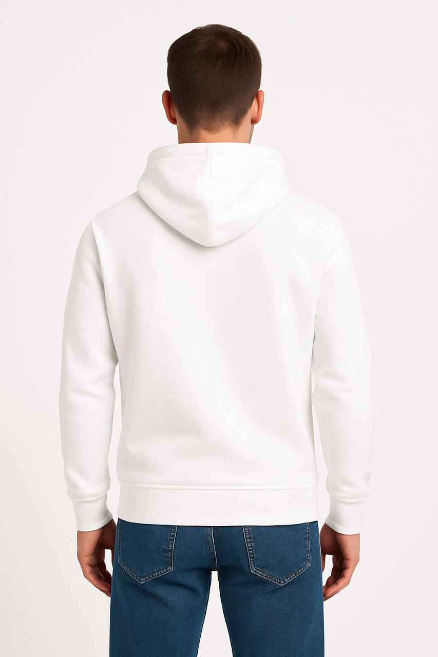 Men's Three-Thread Hooded Kangaroo Pocket Sweatshirt Hoodie - White