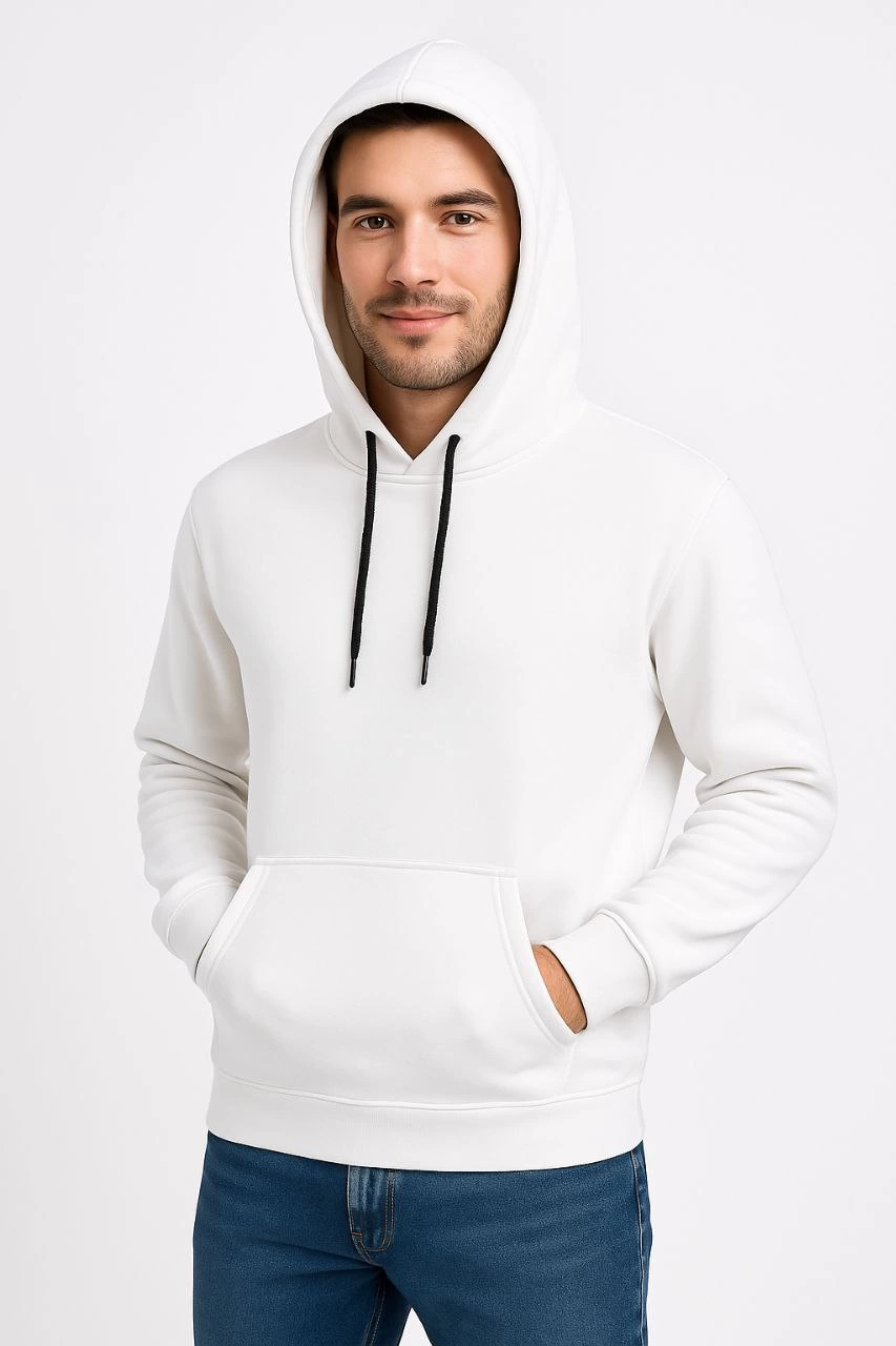 Men's Three-Thread Hooded Kangaroo Pocket Sweatshirt Hoodie - White