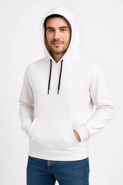 Men's Three-Thread Hooded Kangaroo Pocket Sweatshirt Hoodie - White