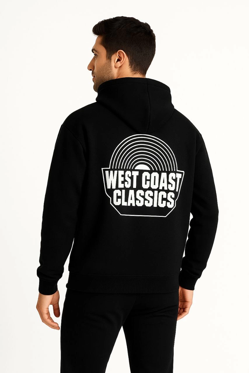 هودي رجالي بغطاء للرأس - سويتشيرت شتوي واسع من ثلاث خيوط سميكة بقلنسوة، بطبعة "West Coast Classics" أمامية وخلفية، جيب كانجارو - نمط كاجوال - أسود