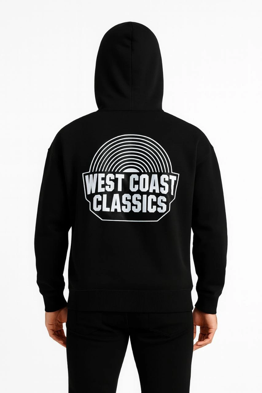 هودي رجالي بغطاء للرأس - سويتشيرت شتوي واسع من ثلاث خيوط سميكة بقلنسوة، بطبعة "West Coast Classics" أمامية وخلفية، جيب كانجارو - نمط كاجوال - أسود