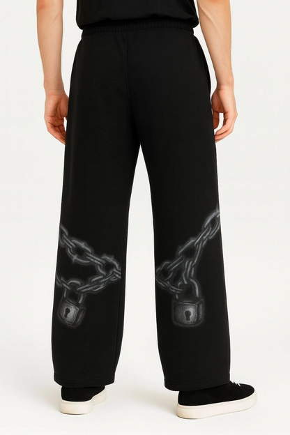 Erkek Üç İplik Pamuklu Baskılı Cepli Jogger Buggy Pantalon Oversize Kalıp - Siyah