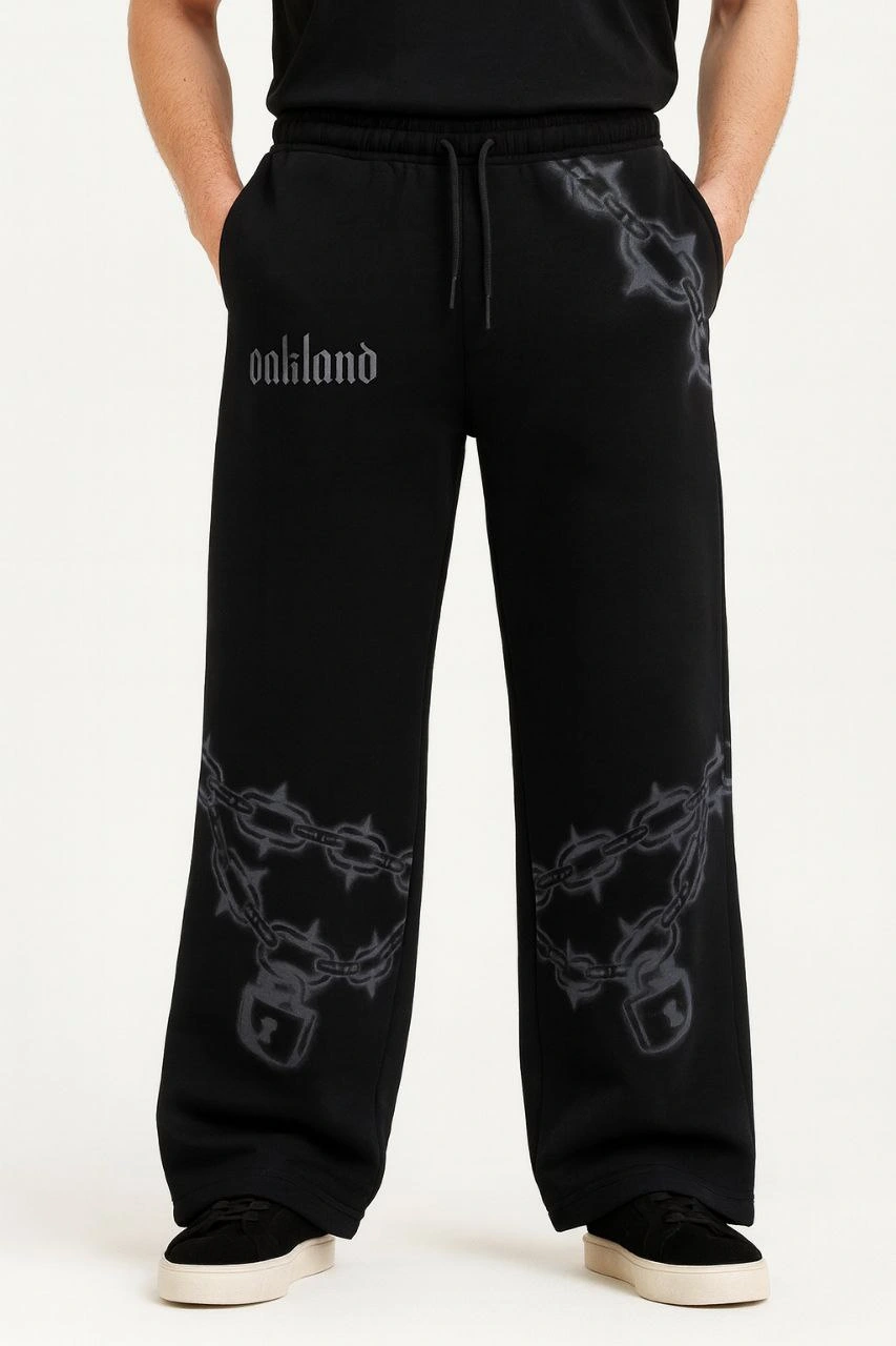 Erkek Üç İplik Pamuklu Baskılı Cepli Jogger Buggy Pantalon Oversize Kalıp - Siyah