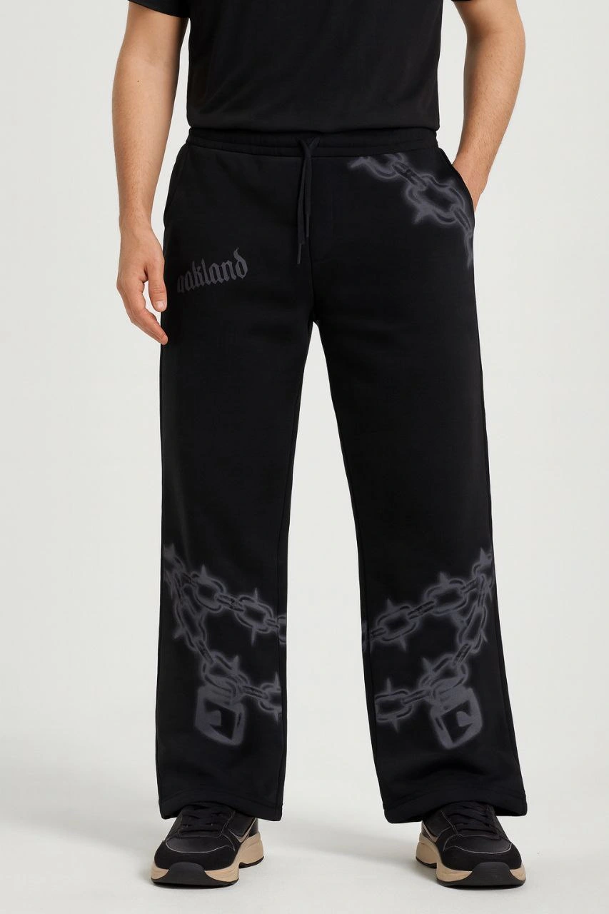 Erkek Üç İplik Pamuklu Baskılı Cepli Jogger Buggy Pantalon Oversize Kalıp - Siyah