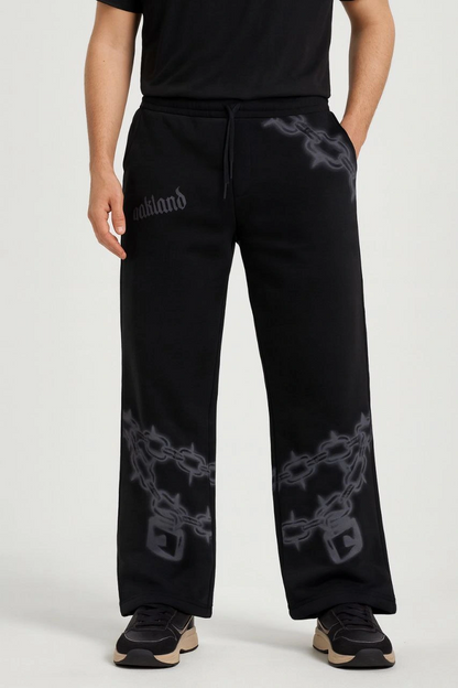 Erkek Üç İplik Pamuklu Baskılı Cepli Jogger Buggy Pantalon Oversize Kalıp - Siyah