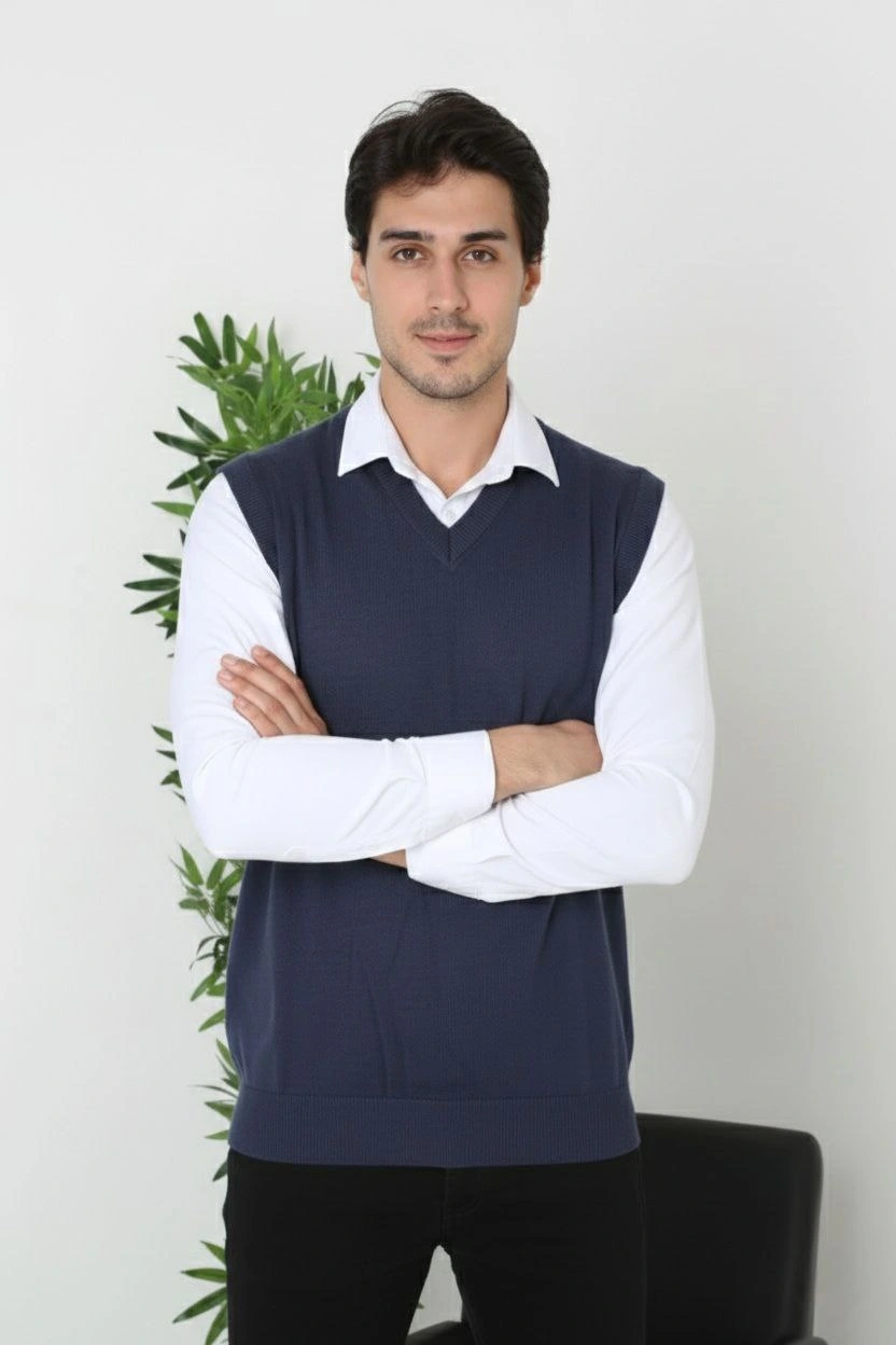 Erkek V Yaka Kolsuz Süveter Triko Kazak yumuşak dokulu Pamuklu ince Dokuma Rahat Regular kalıp - Lacivert