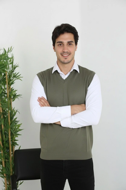 Erkek V Yaka Kolsuz Süveter Triko Kazak yumuşak dokulu Pamuklu ince Dokuma Rahat Regular kalıp - Haki