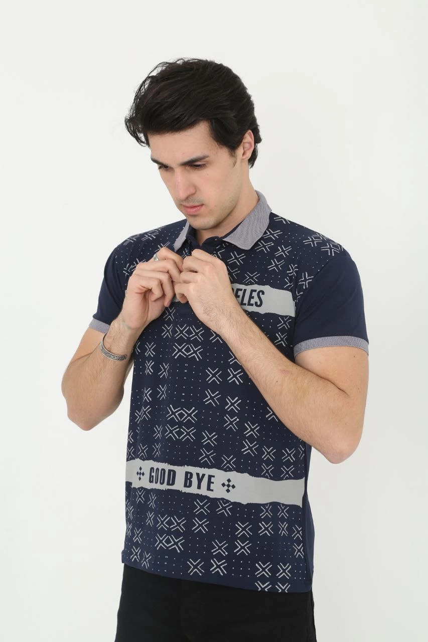 Men's Collared Slim Fit Printed T-Shirt - Navy Blue
