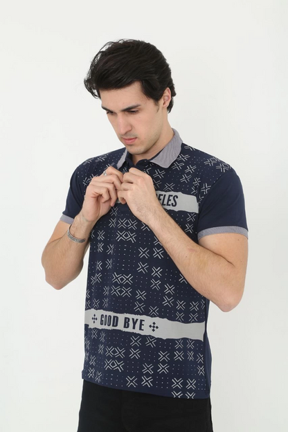 Men's Collared Slim Fit Printed T-Shirt - Navy Blue